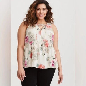 Torrid Ivory Floral Lace-Up Georgette Babydoll Sleeveless Blouse Plus Size 4XL